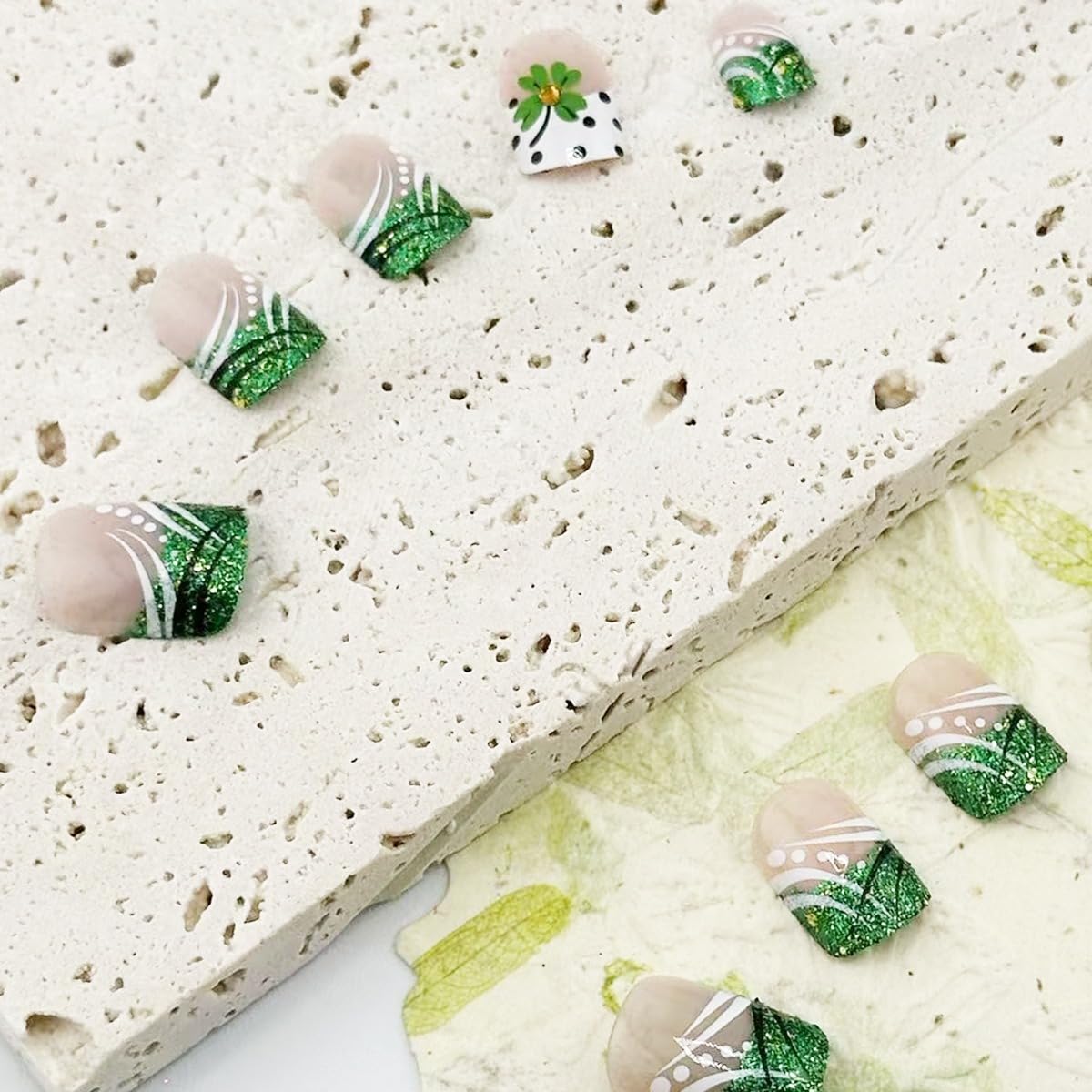 24Pcs St. Patrick's Day Press on Nails - Short Square Fake Nails with Green Shamrock Glitter Design, Irish Clover Acrylic False Nails for Women (Glue Included) | Perfect for Parties, Festivals & Irish Themed Events