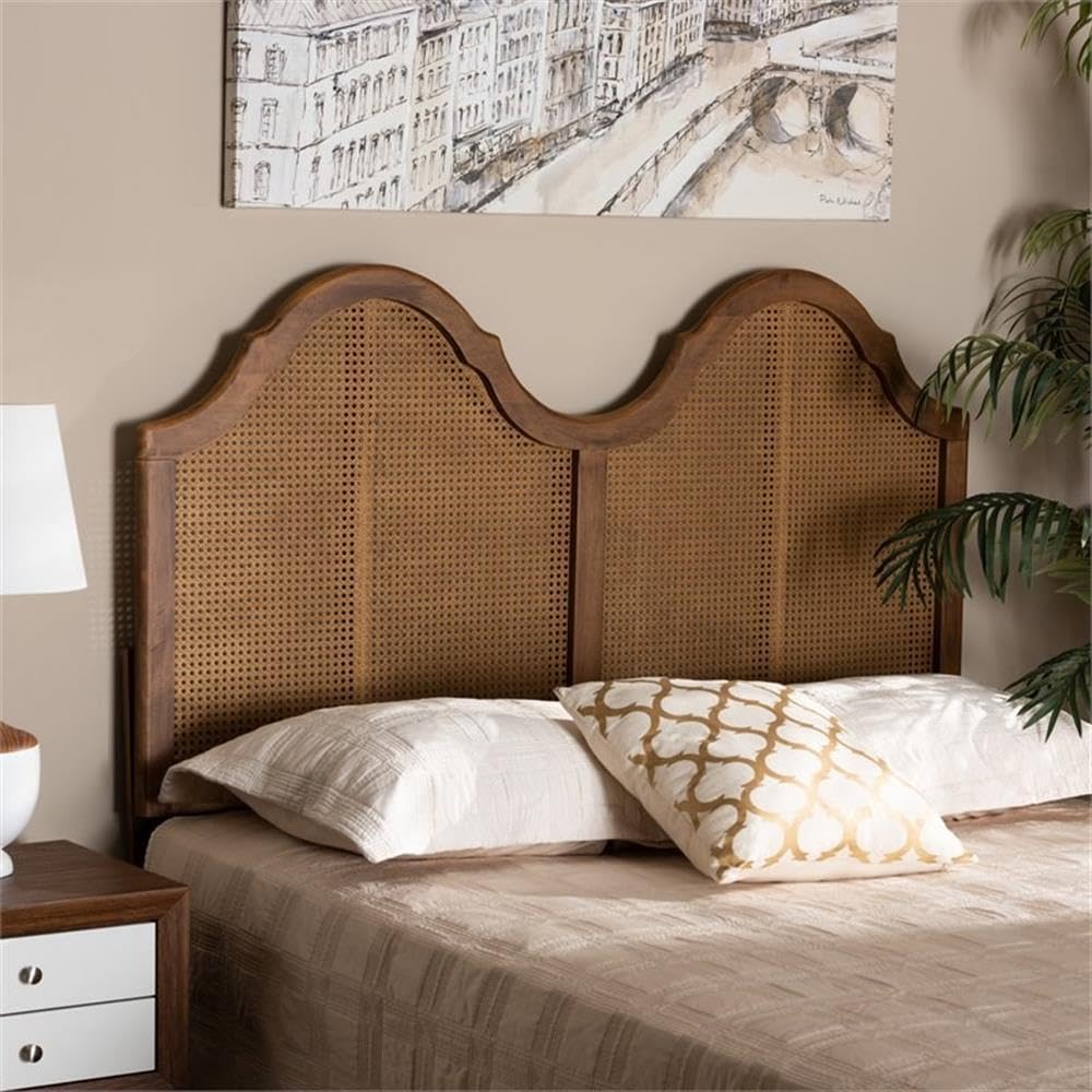 BOWERY HILL Modern Rattan Full Size Arched Headboard in Walnut - Stylish Bedroom Decor for Master & Guest Rooms
