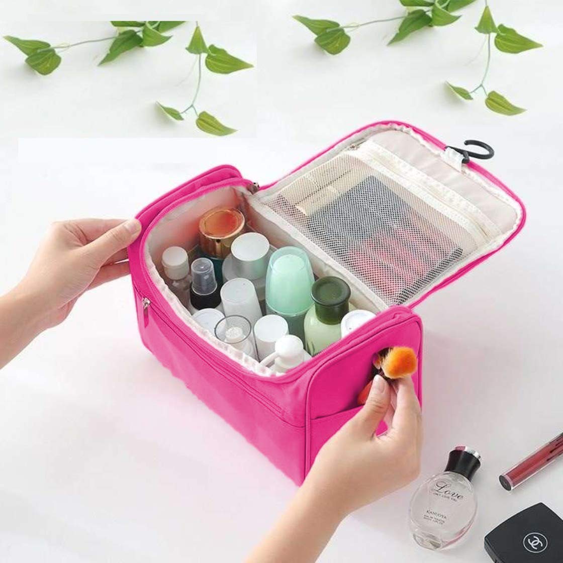 Double Layer Cosmetic Makeup Bag for Women - Waterproof Travel Toiletry Organizer with Hanging Hook | Perfect for Travel, Gym & Daily Use | Pink Makeup Brush Pouch & Grooming Kit (Pink)