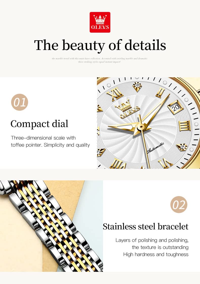 OLEVS Automatic Couple Watches Set for Men and Women - His and Hers Mechanical Self-Winding Tourbillon Dress Watches with Day Date Calendar, Two-Tone Big Face - Perfect for Anniversaries, Weddings & Romantic Gifts