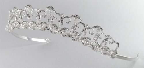 Elegant Bridal Tiara with Dangling Austrian Teardrop Rhinestones, Pearls & Rhinestone Scrolls - Perfect for Weddings, Prom, Pageants, Quinceañeras & Special Events | Sparkling Hair Accessory for Brides, Pageant Queens & Formal Occasions