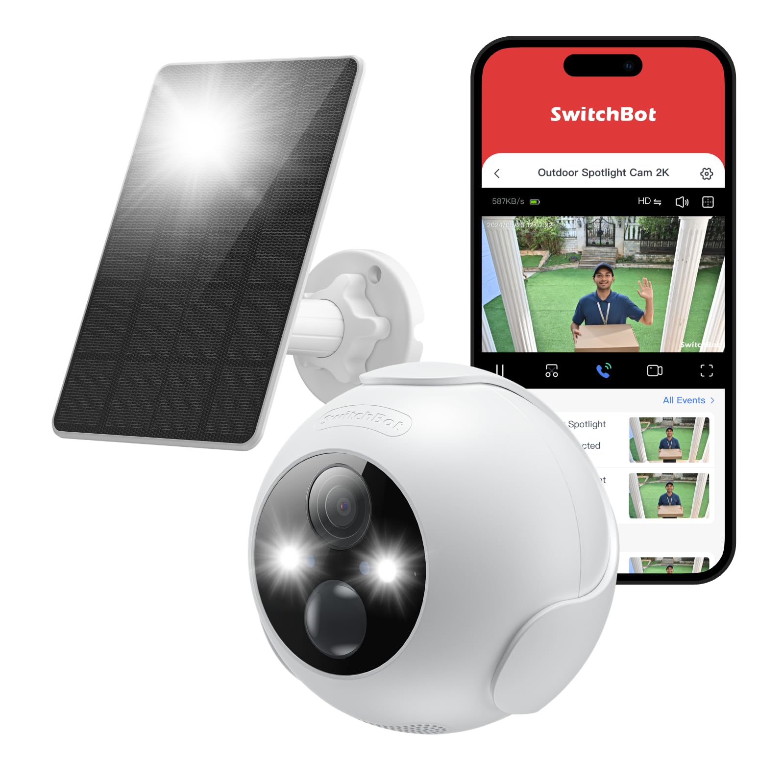 SwitchBot 2K Outdoor Wireless Security Camera with Solar Panel - 24/7 Home Surveillance, Color Night Vision, AI Human & Pet Detection, Alexa Compatible, WiFi 2.4G - Ideal for Front Yard, Backyard & Garage Security Monitoring