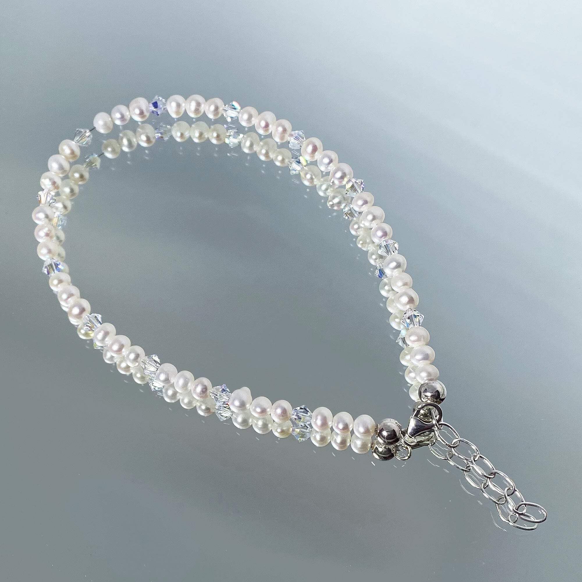 925 Silver Pearl Crystal Anklet (9-10