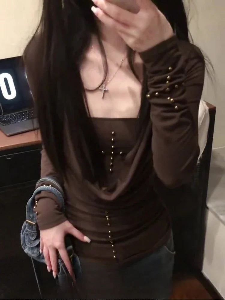 Black Beaded Y2K Women's T-Shirt - Slash Neck Long Sleeve Fashion Top | Korean Style Sexy Casual Tee for Women 2025 | Perfect for Streetwear, Date Nights & Trendy Outfits