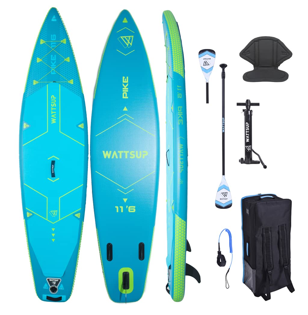 WATTSUP Pike 11'6 Inflatable Kayak with Paddle - 15cm Thickness Drop-Stitch Construction - Rigid & Durable - 150kg Capacity - Perfect for Fishing, Camping & Water Adventures