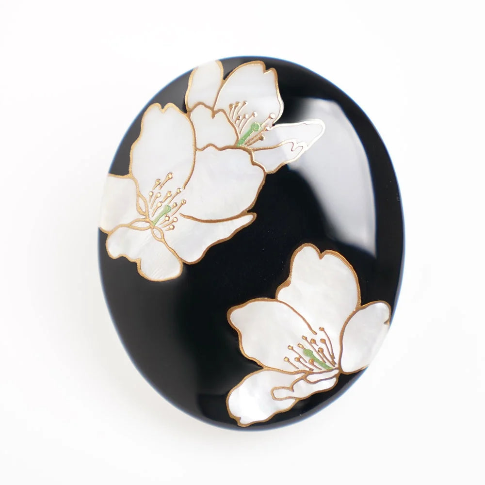 Exquisite Japanese Maki-e Urushi Lacquer Brooch with White South Sea Pearl Shell & Cherry Blossom Design - Traditional Handcrafted Jewelry for Women - Perfect for Weddings, Tea Ceremonies & Special Occasions