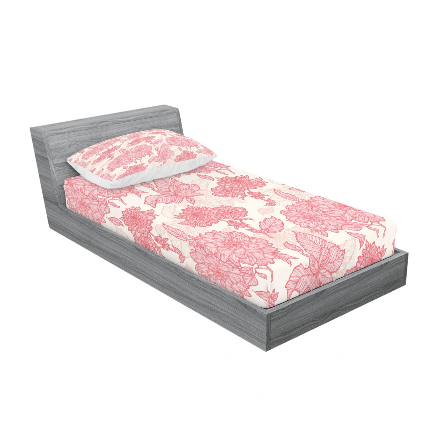 Ambesonne Romance 2 Pack Twin XL Fitted Sheet & Pillow Sham Set - Pink Floral Leaves Design, 4 Piece Bedding Set for Girls, Teens & Adults - Perfect for Guest Rooms, Dorm Decor & Cozy Bedroom Makeover