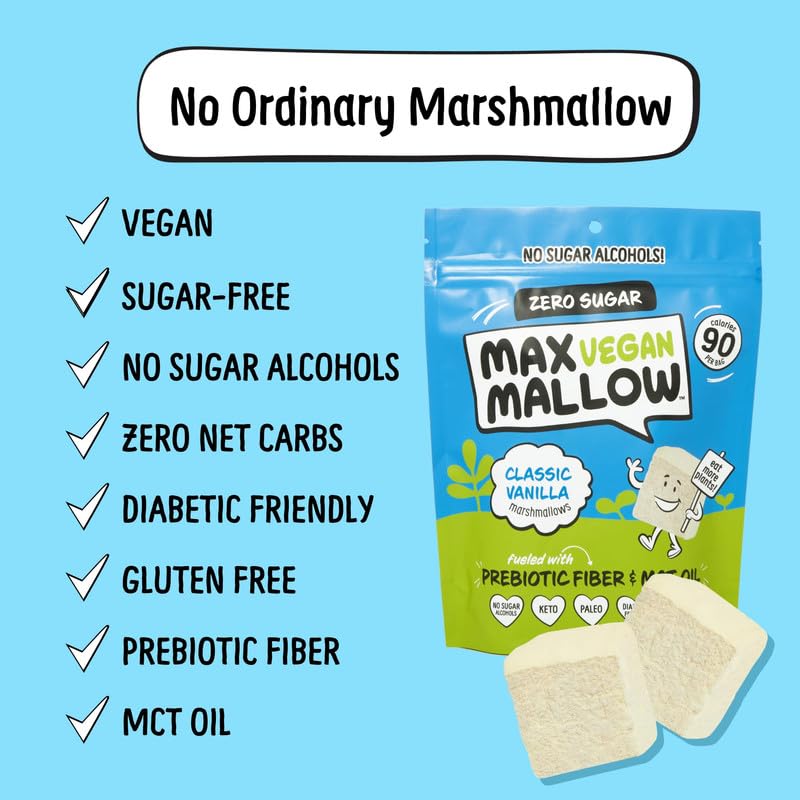 Max Mallow Vegan Sugar-Free Marshmallows - Keto Friendly, Gluten Free, Zero Sugar, Classic Vanilla (6 Pack) | Perfect for S'mores, Hot Chocolate, Baking & Low-Carb Desserts