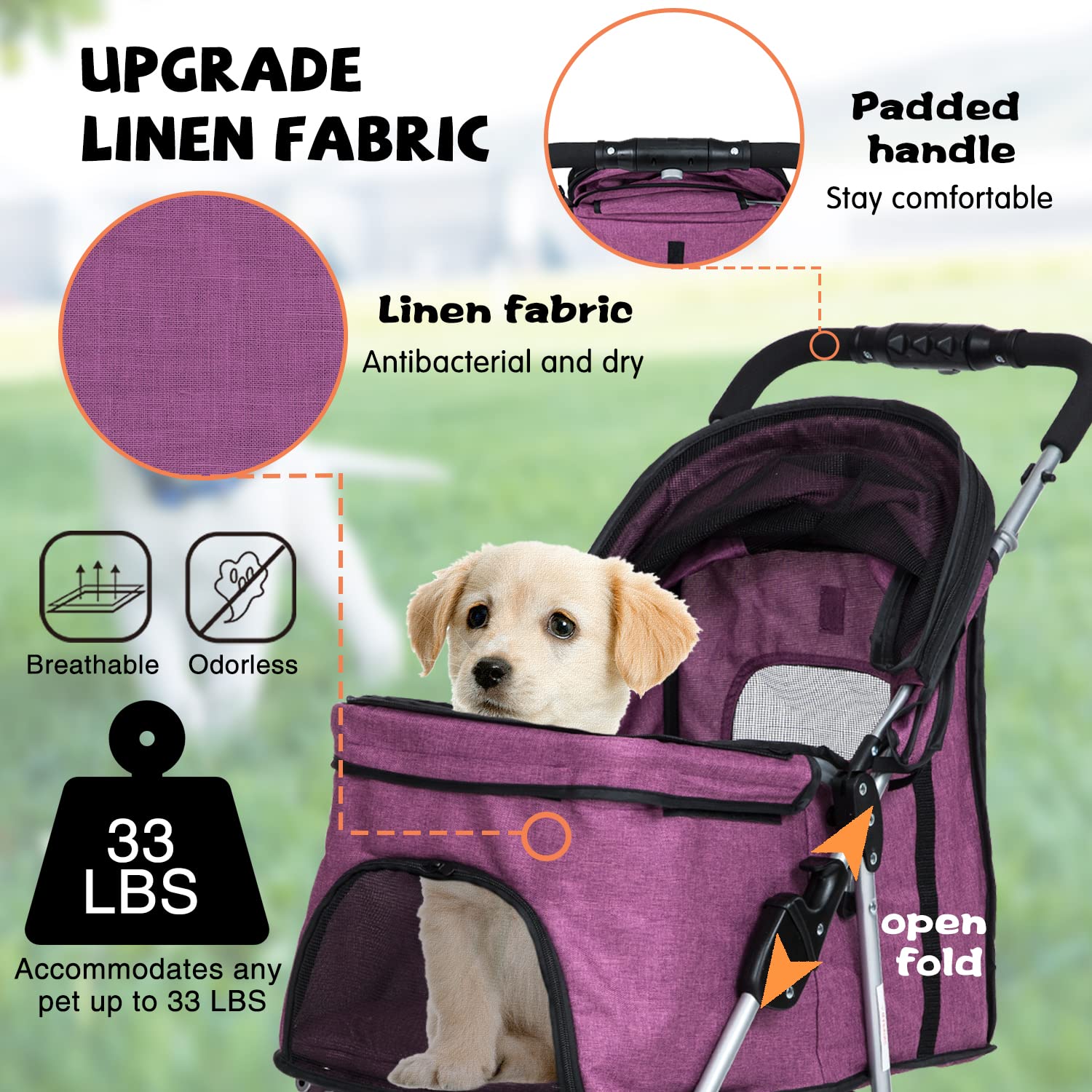 Lightweight Waterproof Dog Stroller for Small & Medium Dogs - Foldable Pet Travel Stroller with Storage Basket for Puppies & Cats | Perfect for Outdoor Walks, Vet Visits & Shopping Trips (Purple)