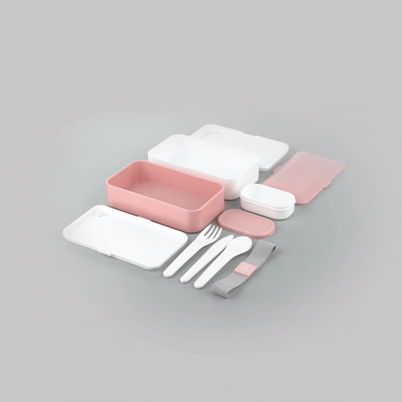 Bento Tek 41oz Pink & White Buddha Lunch Box with Utensils & Sauce Cup - 7.25