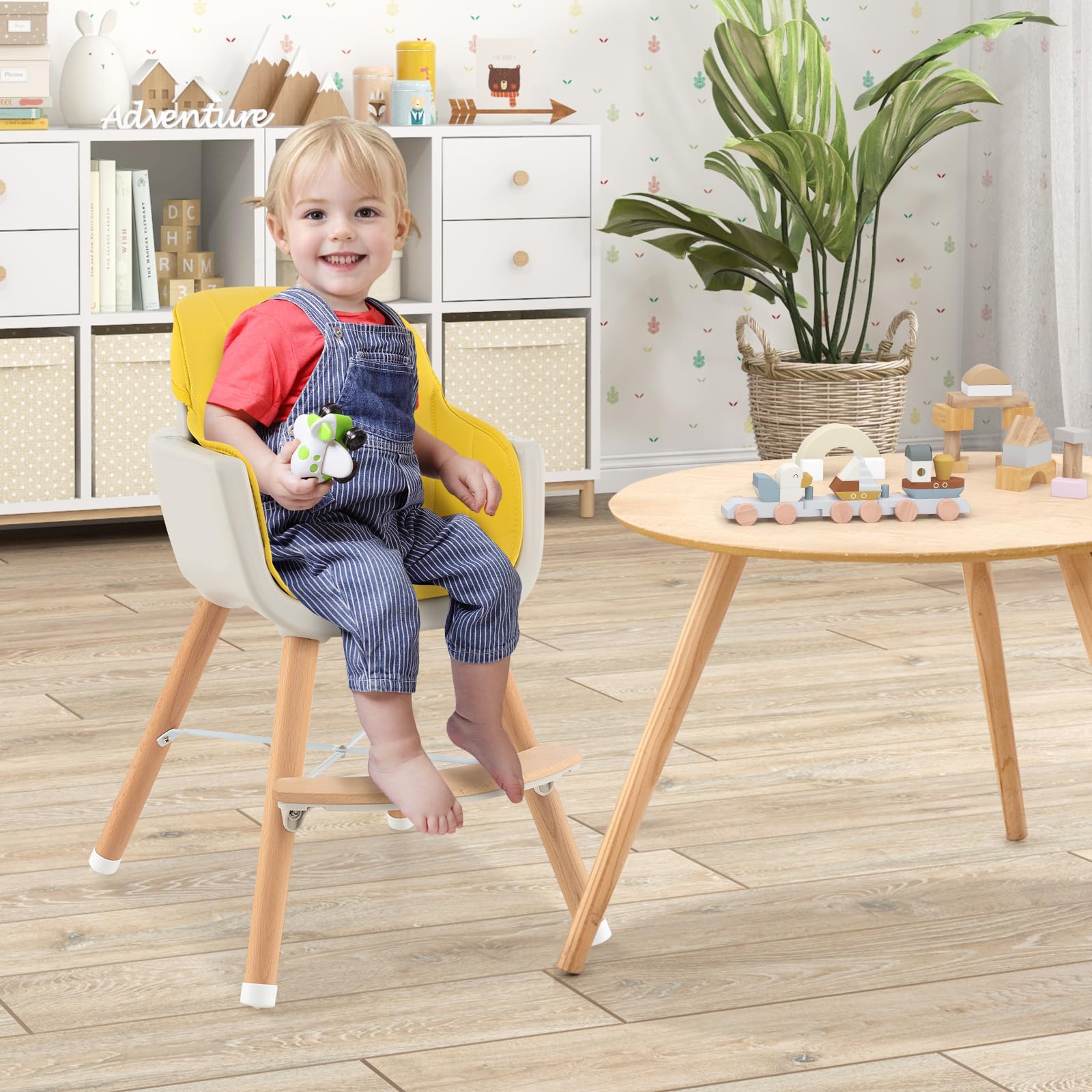 HONEY JOY 3-in-1 Wooden High Chair for Babies & Toddlers - Convertible Booster Seat & Toddler Chair with Removable Tray, 5-Point Safety Harness, PU Cushion & Adjustable Footrest - Perfect for Dining, Feeding & Learning (Yellow)
