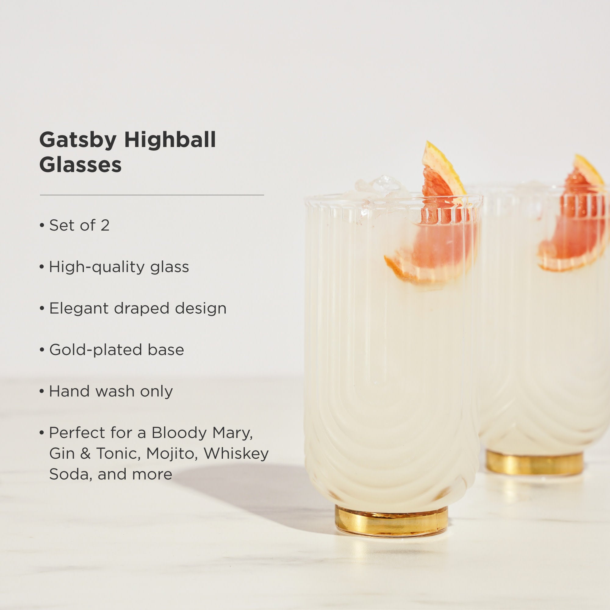 Premium Gatsby Highball Glasses Set of 2 - Elegant 12oz Crystal Clear Drinking Glasses for Cocktails, Whiskey, Iced Tea & Entertaining - Perfect for Home Bar, Parties & Gifts