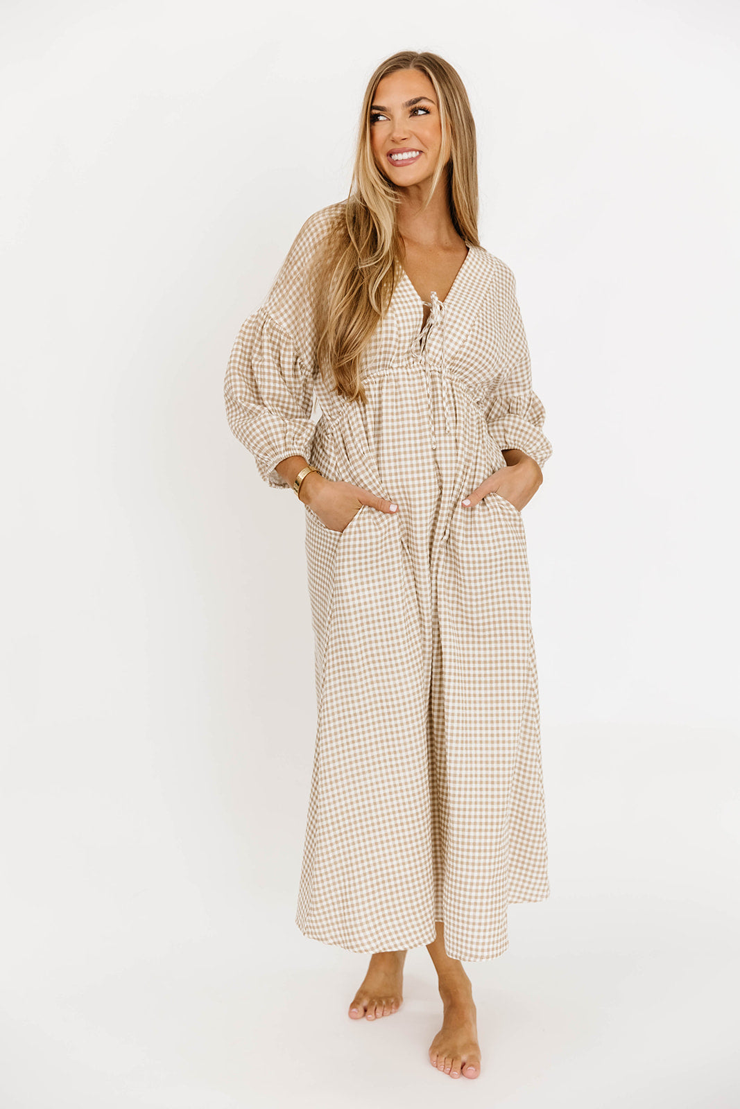 Hunter Printed Gauze Midi Dress in Natural Plaid - Bump Friendly Maternity Dress for Summer, Beach & Casual Wear