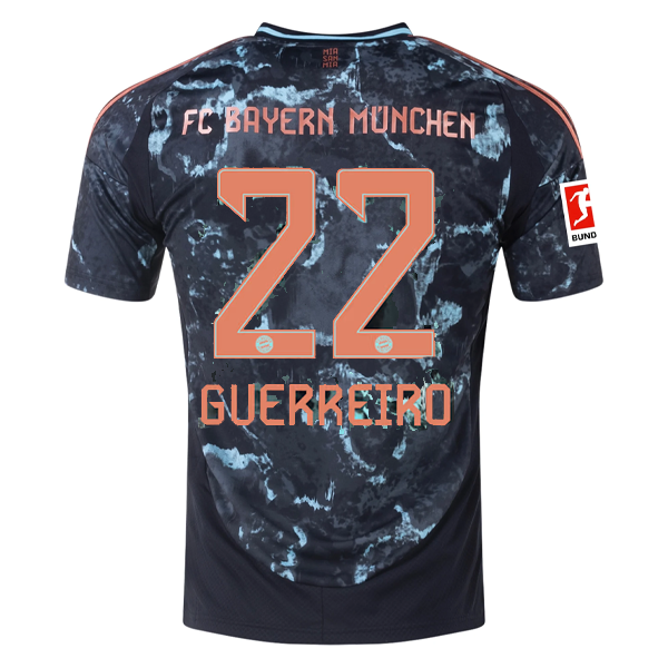 Adidas Bayern Munich Raphaël Guerreiro Away Jersey 2024-2025 with Bundesliga Patch - Black/Copper/Blue - Authentic Football Shirt for Fans & Players - Perfect for Matchdays, Training & Collecting