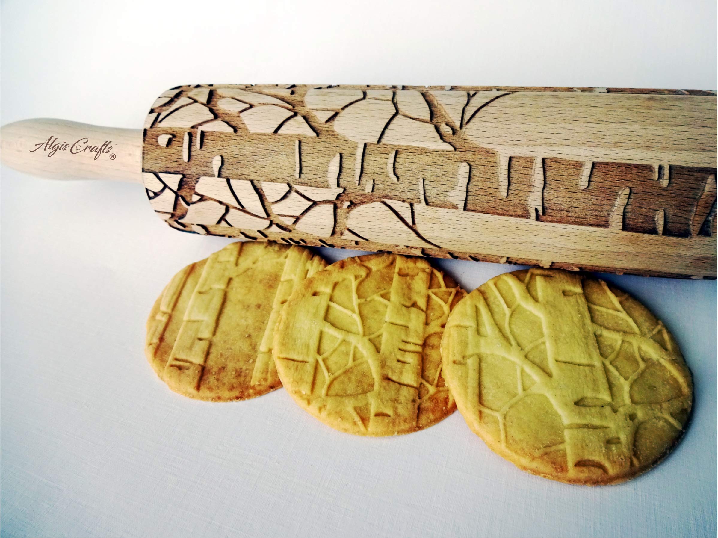 Algis Crafts Engraved Wooden Rolling Pin - Birch Embossed Dough Roller for Cookies & Clay | Perfect for Baking, DIY Crafts & Holiday Cookie Decorating