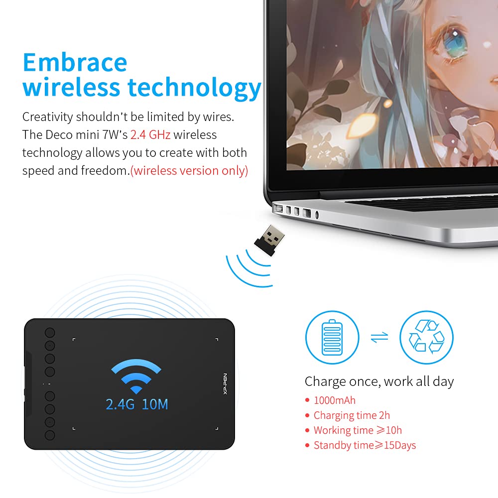 XPPen Deco mini7W Wireless Drawing Tablet - 7 x 4 Inch Graphic Tablet with 8192 Pressure Levels, Compatible with Windows/Mac/Android/Chrome/Linux - Perfect for Digital Art, Online Teaching & E-Learning