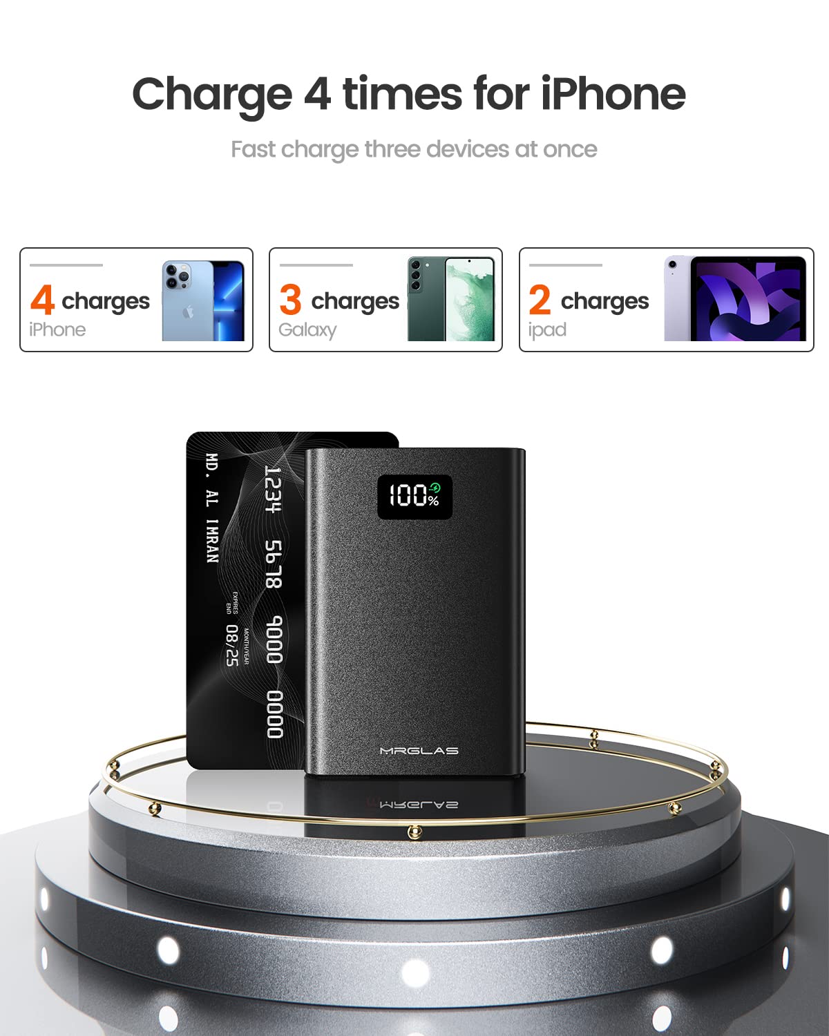 MRGLAS 10000mAh PD 22.5W Fast Charging Power Bank - Ultra Compact Metal Portable Charger with USB-C & Tri-Output for iPhone 15 Pro Max/14, iPad, Samsung Galaxy - Perfect for Travel, Camping & Emergency Power Backup