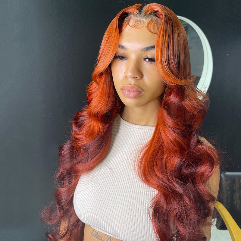 Eullair Ombre Ginger Brown Body Wave Human Hair Glueless Wig - 2-Tone Lace Frontal Wig (EW006) for Women | Natural Look for Daily Wear & Special Occasions