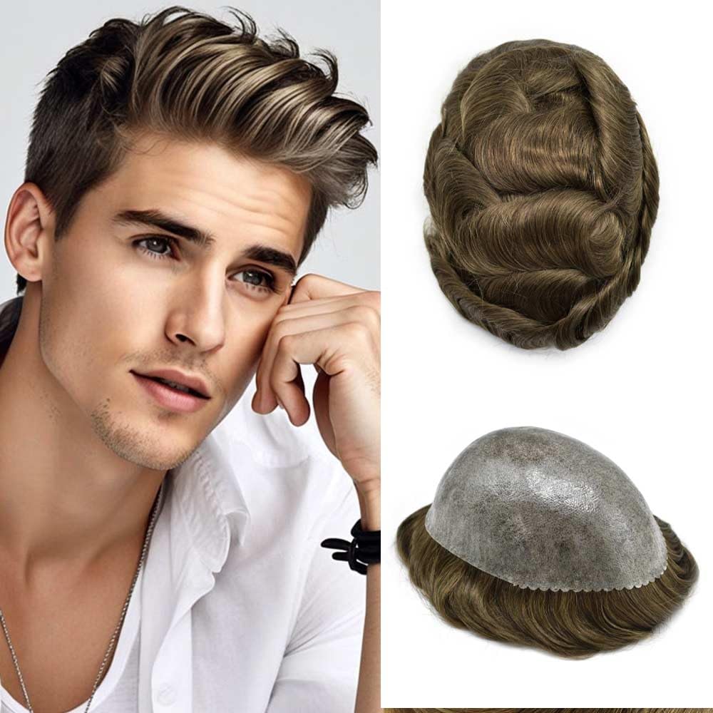 Men's Human Hair Toupee - Thin Skin All Poly Hair Replacement System - #6 Light Brown (120% Medium Light to Medium Density) - Natural Looking Hairpiece for Thinning Hair & Baldness - Perfect for Daily Wear, Special Occasions & Confidence Boost