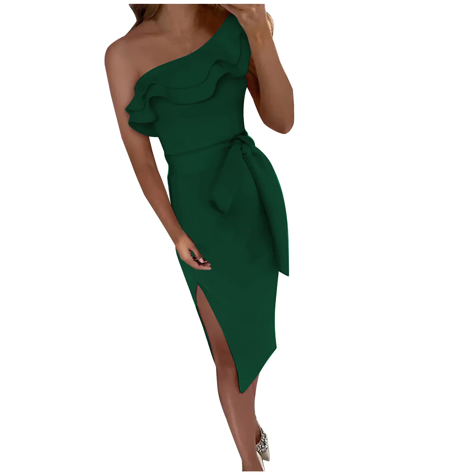BmkBWO Women's Sexy One Shoulder Bodycon Dress - Sleeveless Ruffle Elegant Cocktail Dress with Split Belt Wrap for Wedding Guest, Party & Night Out