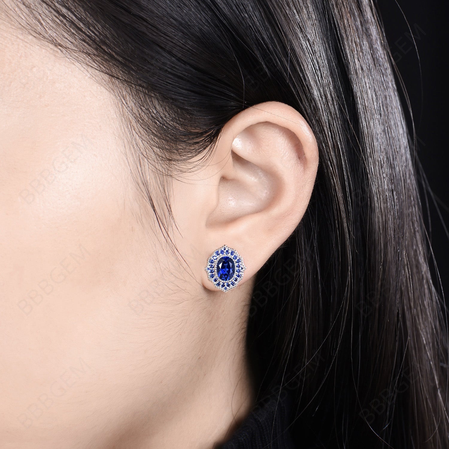 14K White Gold Vintage Oval Cut Blue Sapphire Stud Earrings with Milgrain Detail - September Birthstone, Blue Gemstone Halo Wedding Jewelry - Perfect for Bridal, Anniversary Gifts & Special Occasions