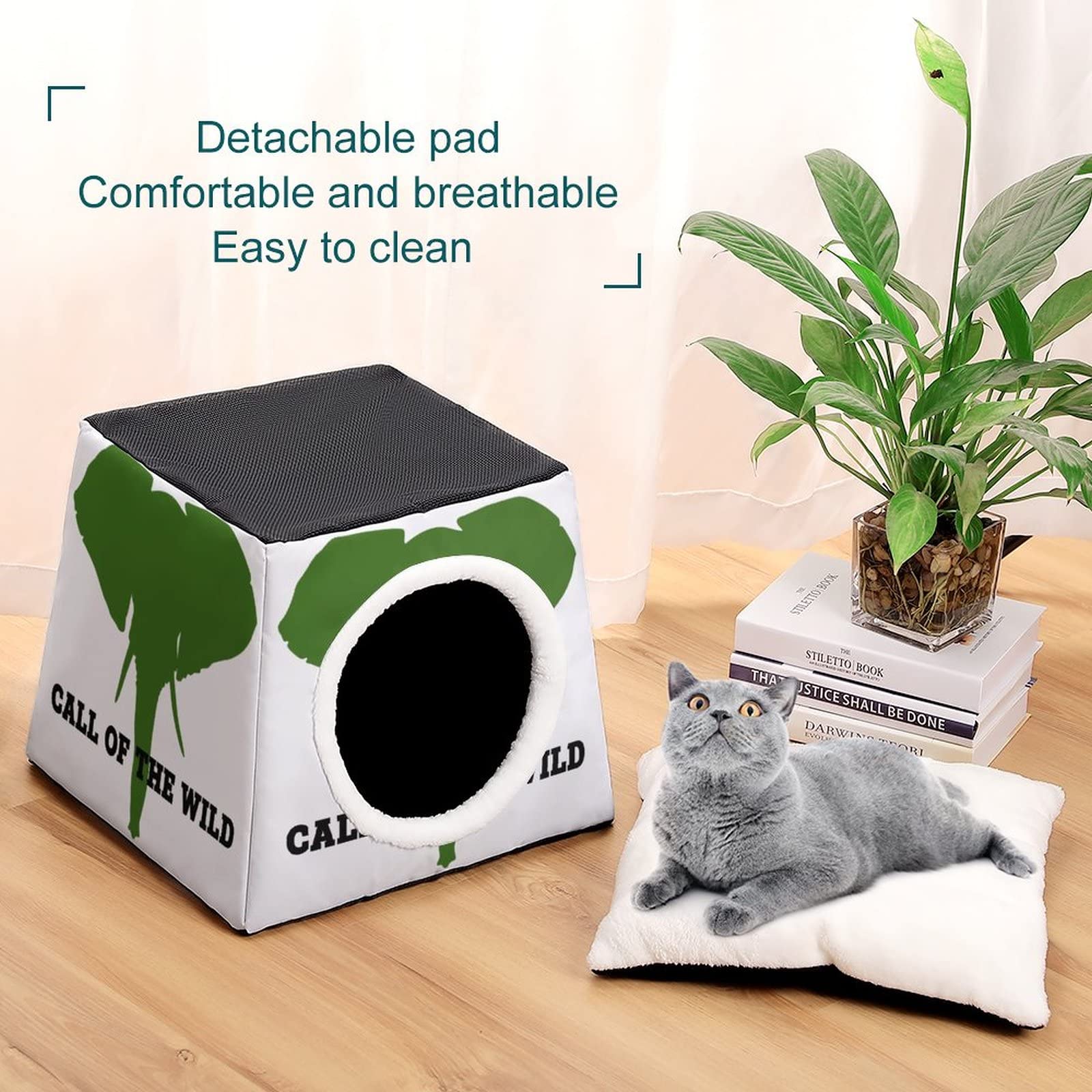 3-in-1 Cat House Bed & Sofa - Printed Cat Cube for Indoor/Outdoor Use - Green Elephant Design Kitty Shelter - Perfect for Living Room, Patio or Garden