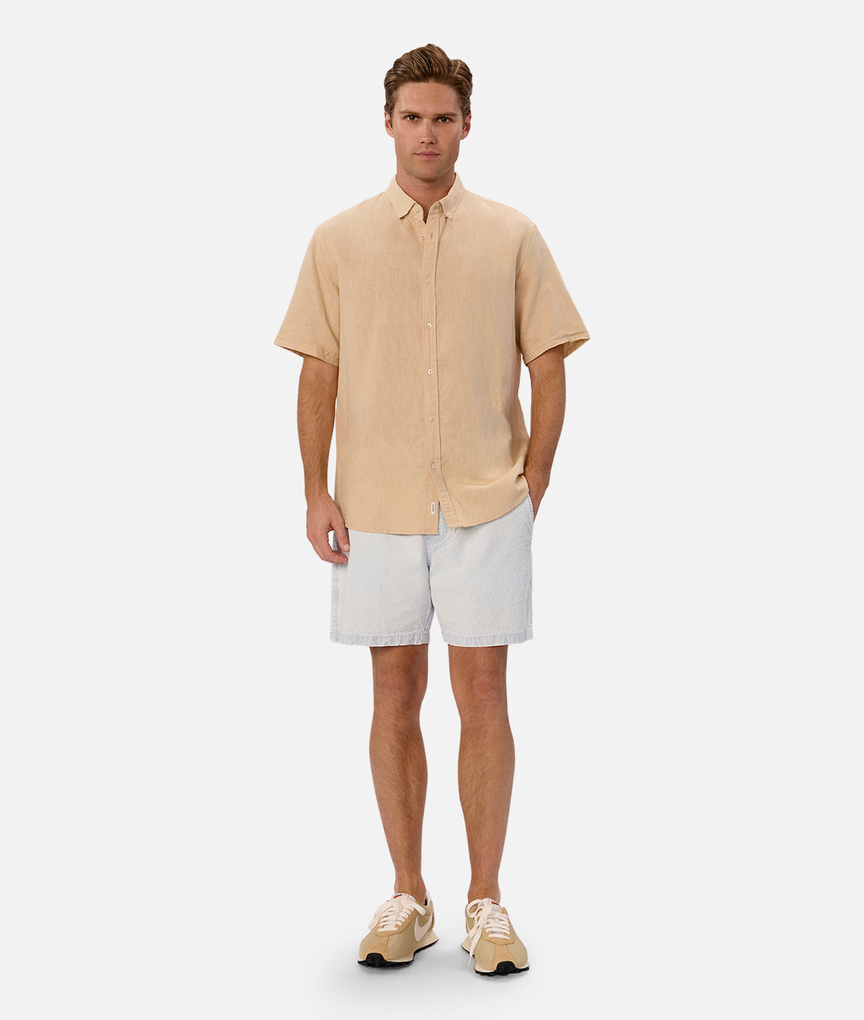 The Tennyson Linen Blend Short Sleeve Shirt - Light Mango | Breathable Summer Casual Wear for Men | Perfect for Beach, Office & Outdoor Activities