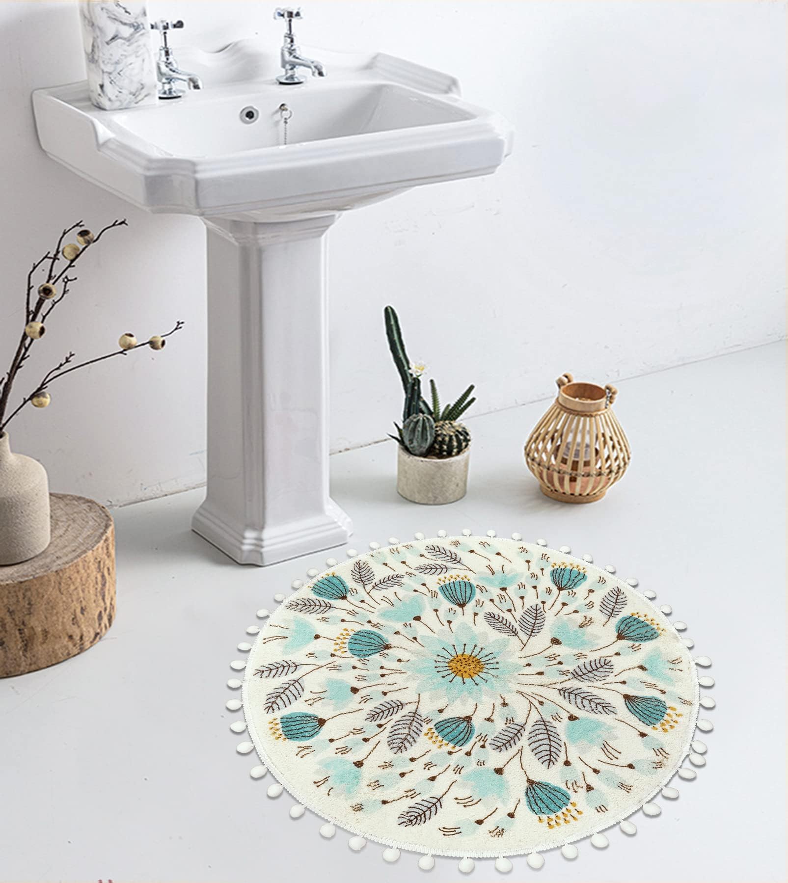 Uphome 2' Round Bath Mat - Soft Non-Slip Floral Pom Pom Fringe Washable Small Circle Rug for Bathroom, Shower, Sink, Nursery, Bedroom & Powder Room | Cute Decorative Carpet for Home Decor & Table Centerpiece