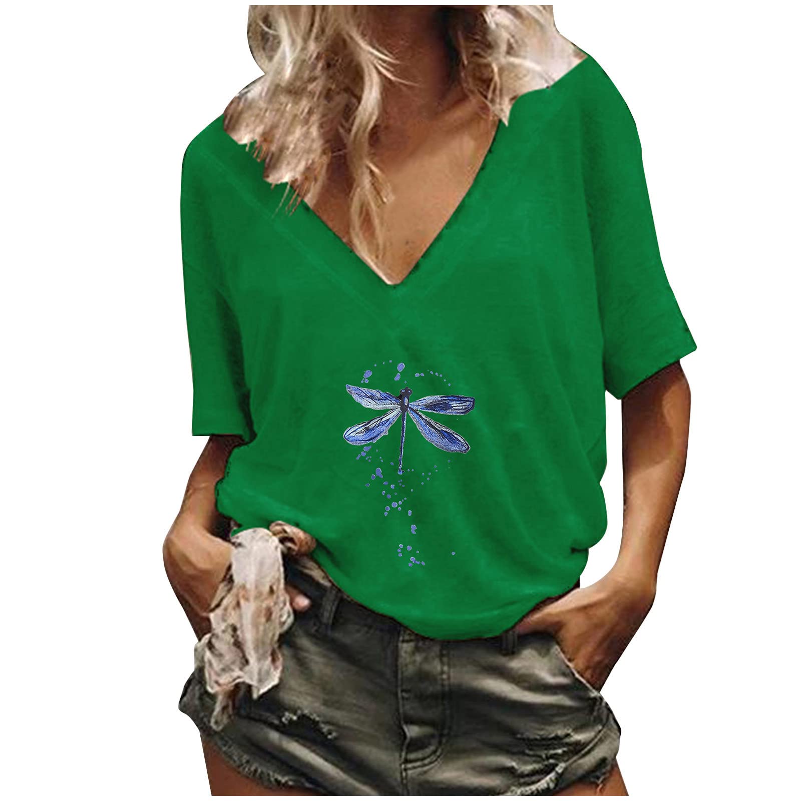 Women's Casual Dragonfly Print Short Sleeve Tunic Top - V-Neck Loose Fit Summer Blouse for Work, Travel & Everyday Wear