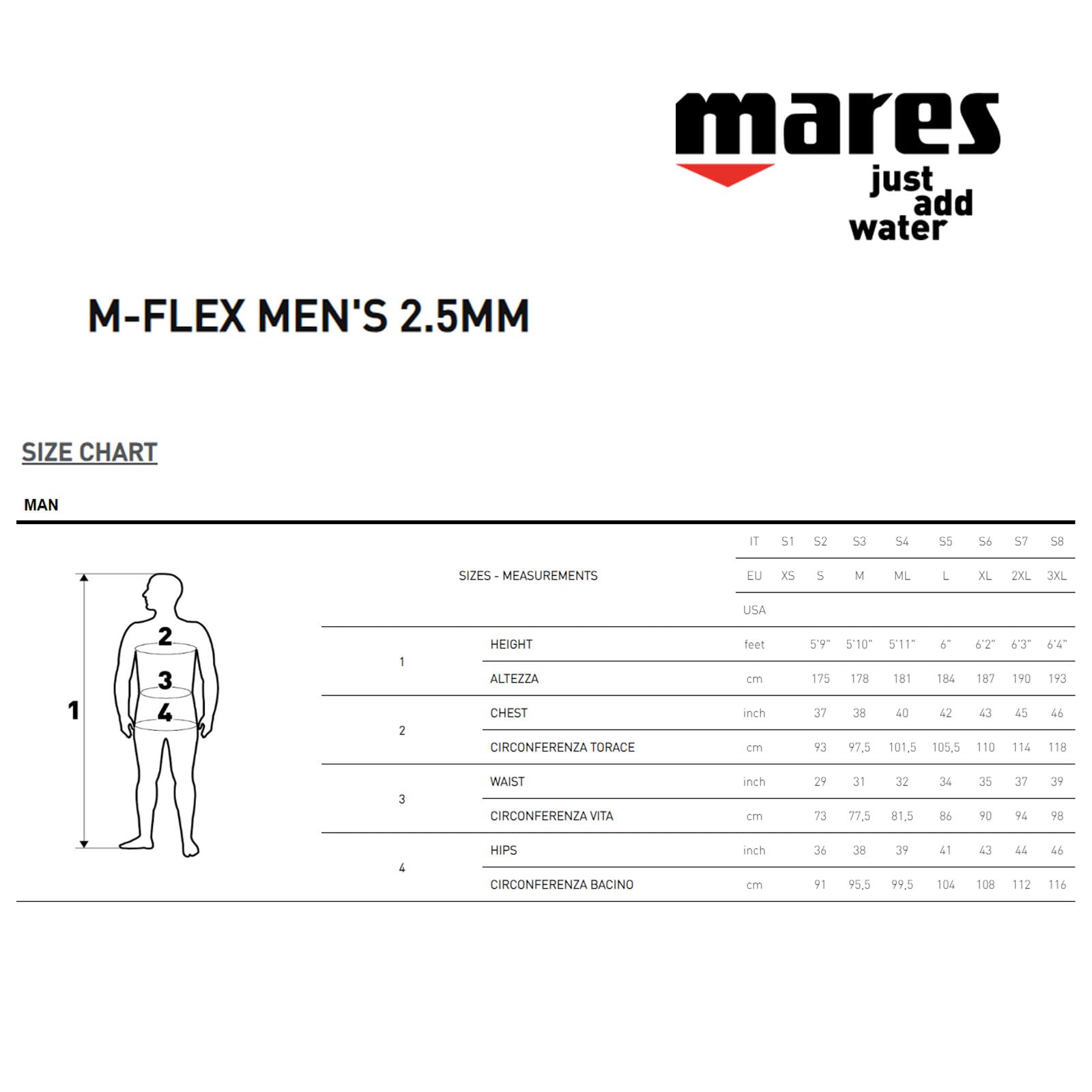 Mares Men's M-Flex 2.5mm Neoprene Full Body Scuba Diving Wetsuit for Warm Water | Snorkeling, Spearfishing & Water Sports | Comfortable & Flexible Fit for Divers