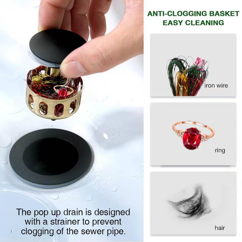 Matte Black Bathroom Sink Drain with Overflow - Universal Stainless Steel Pop Up Drain Stopper with Detachable Basket - Perfect for Modern Bathroom Vanities and Vessel Sinks
