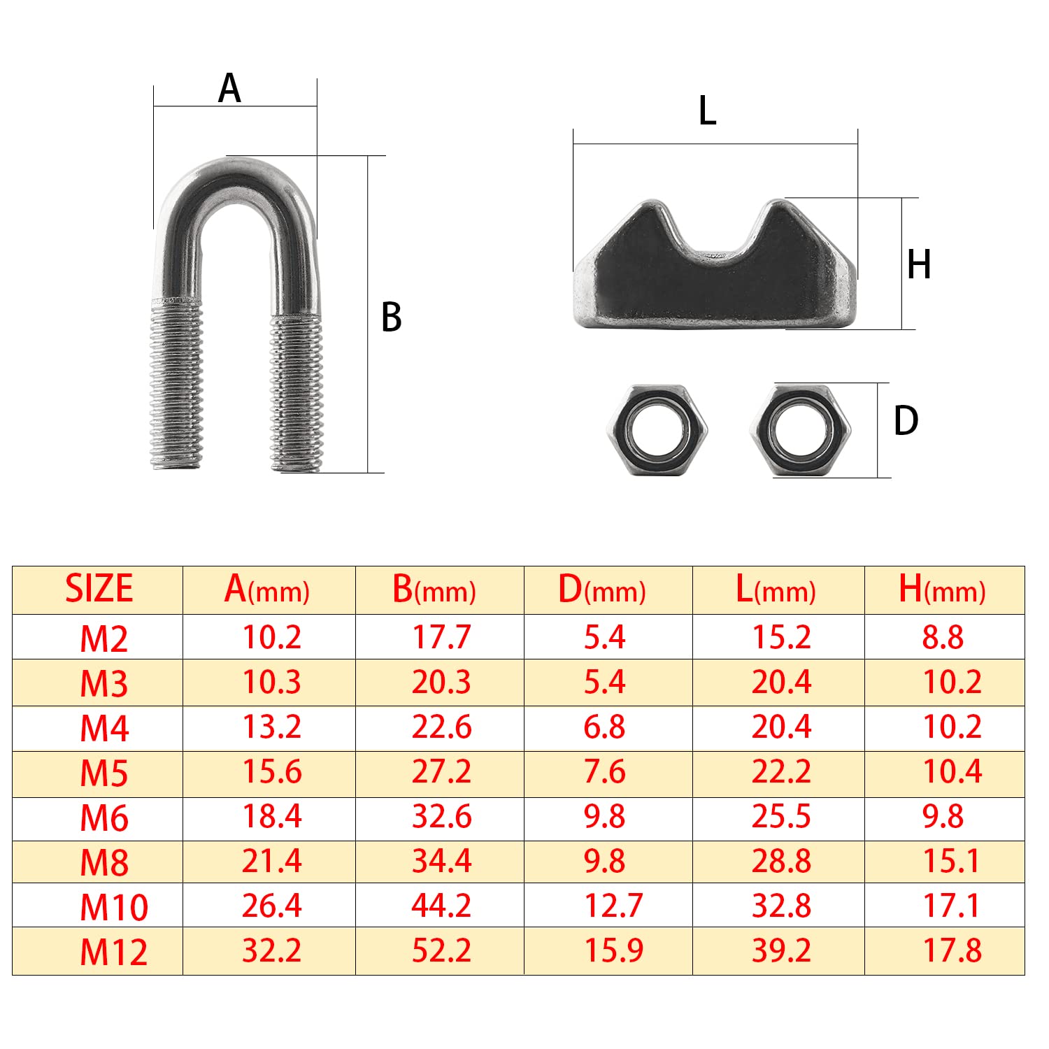 HSTECH 12PCS 1/4 Inch M6 304 Stainless Steel Wire Rope Cable Clamp Clips - Heavy Duty for Rigging, Guardrails, Load Securing, Banner & Flag Hanging - Outdoor & Marine Use