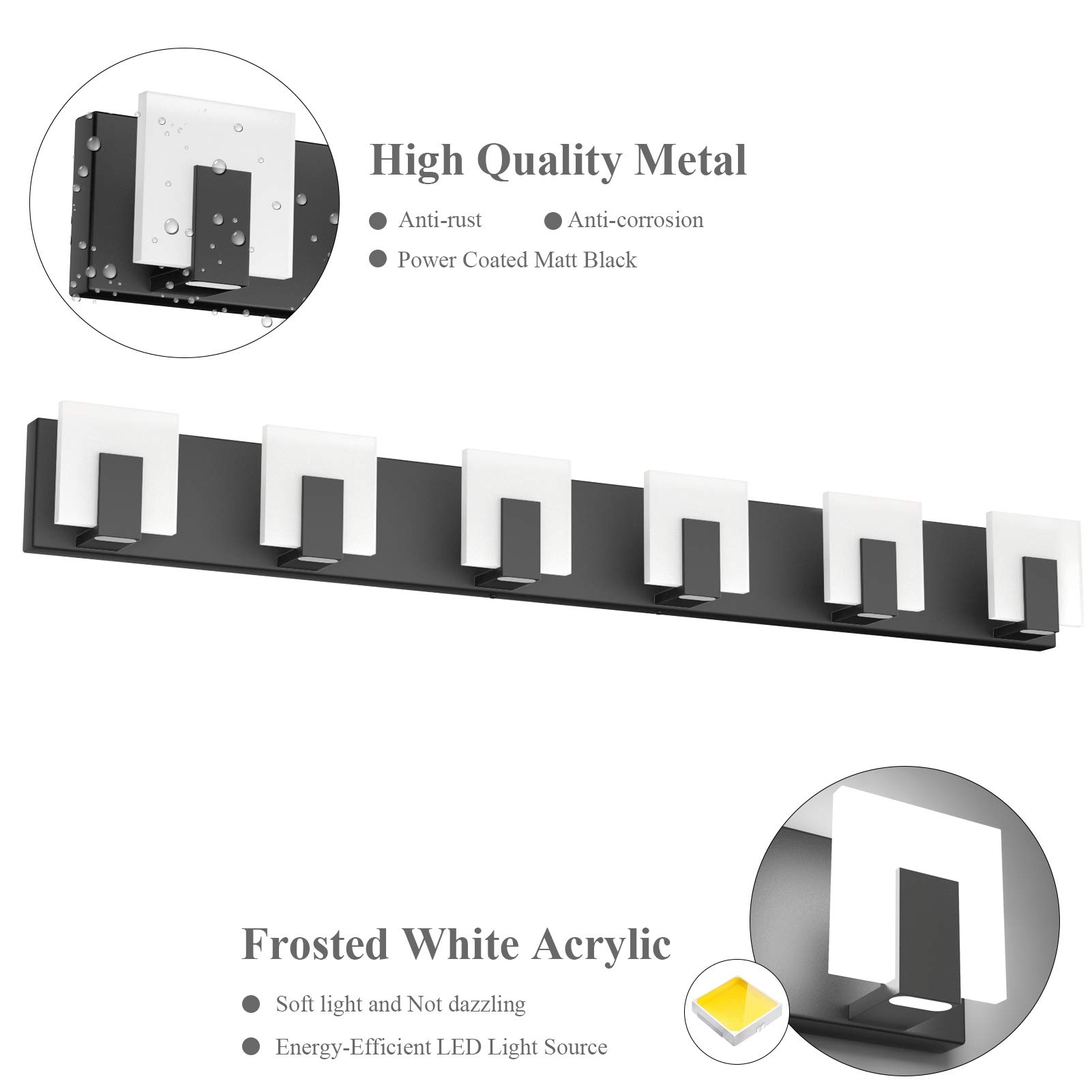 Aipsun 6-Light Modern Black LED Vanity Light Fixture - Up and Down Lighting for Bathroom Wall Mirror - 6000K Cool White - Perfect for Makeup, Shaving & Home Decor
