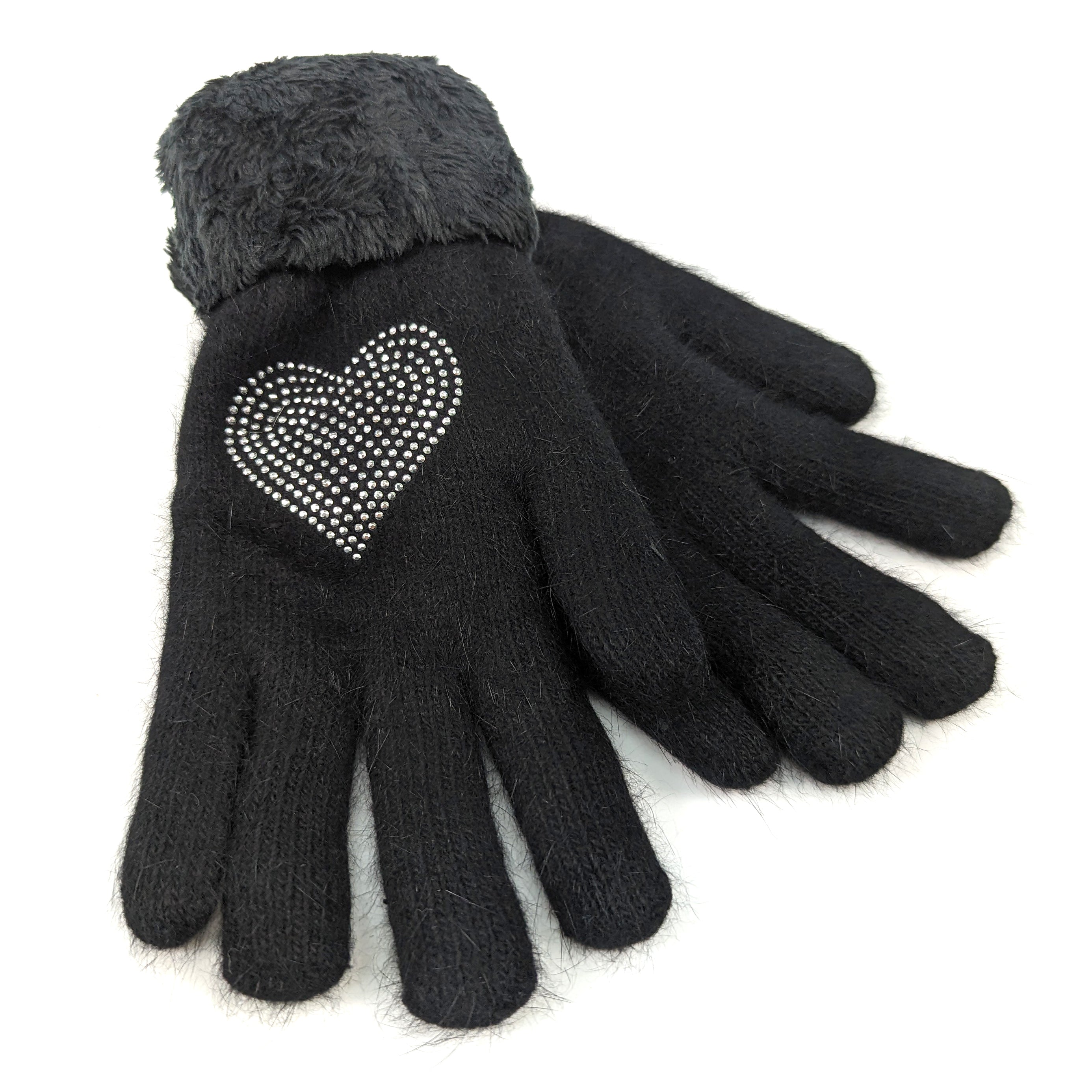 Black Heart Faux Fur Gloves - Winter Fashion Accessories for Women, Cold Weather Hand Warmers, Valentine's Day Gift Idea