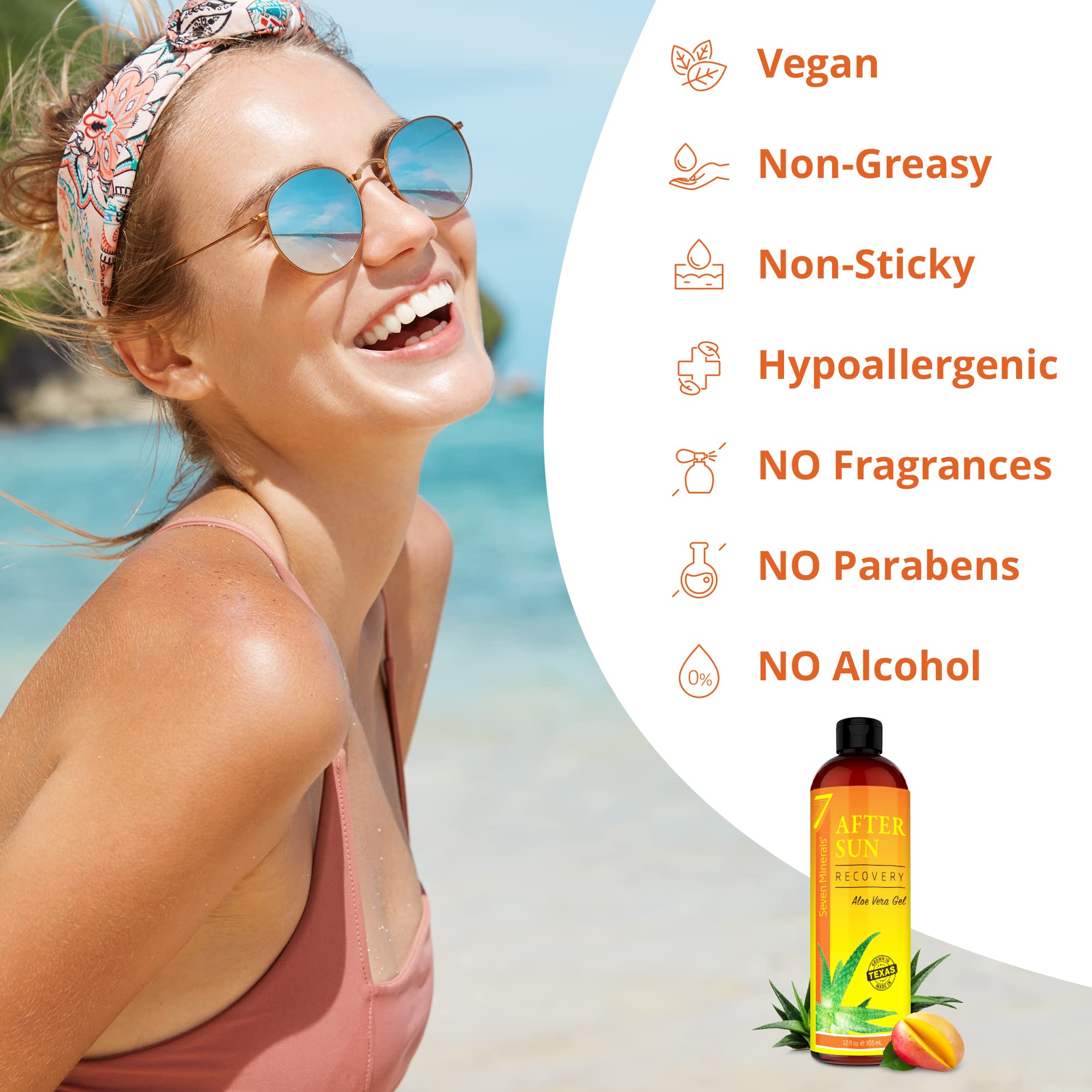 Seven Minerals Organic Aloe Vera Gel & After Sun Recovery Gel - 100% Pure Aloe, Mango, Chamomile & Panthenol for Sunburn Relief, Skin Hydration & Soothing | Perfect for Post-Sun Care, Daily Moisturizing & Sensitive Skin