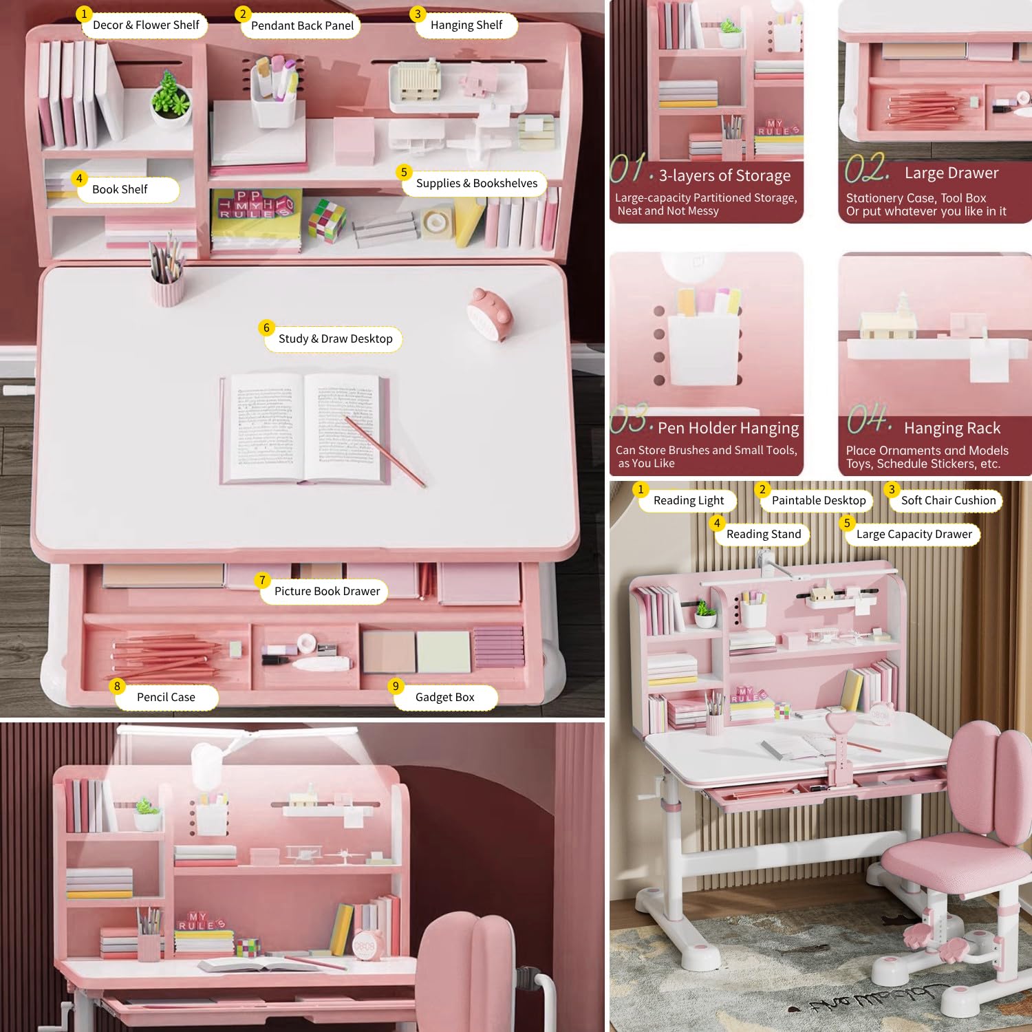 Adjustable Kids Study Desk and Chair Set with LED Light & Storage - Ergonomic Children's Writing Table, Tilt Desktop, Bookstand for School & Homework - Perfect for Home, Classroom, Dorm (Pink)
