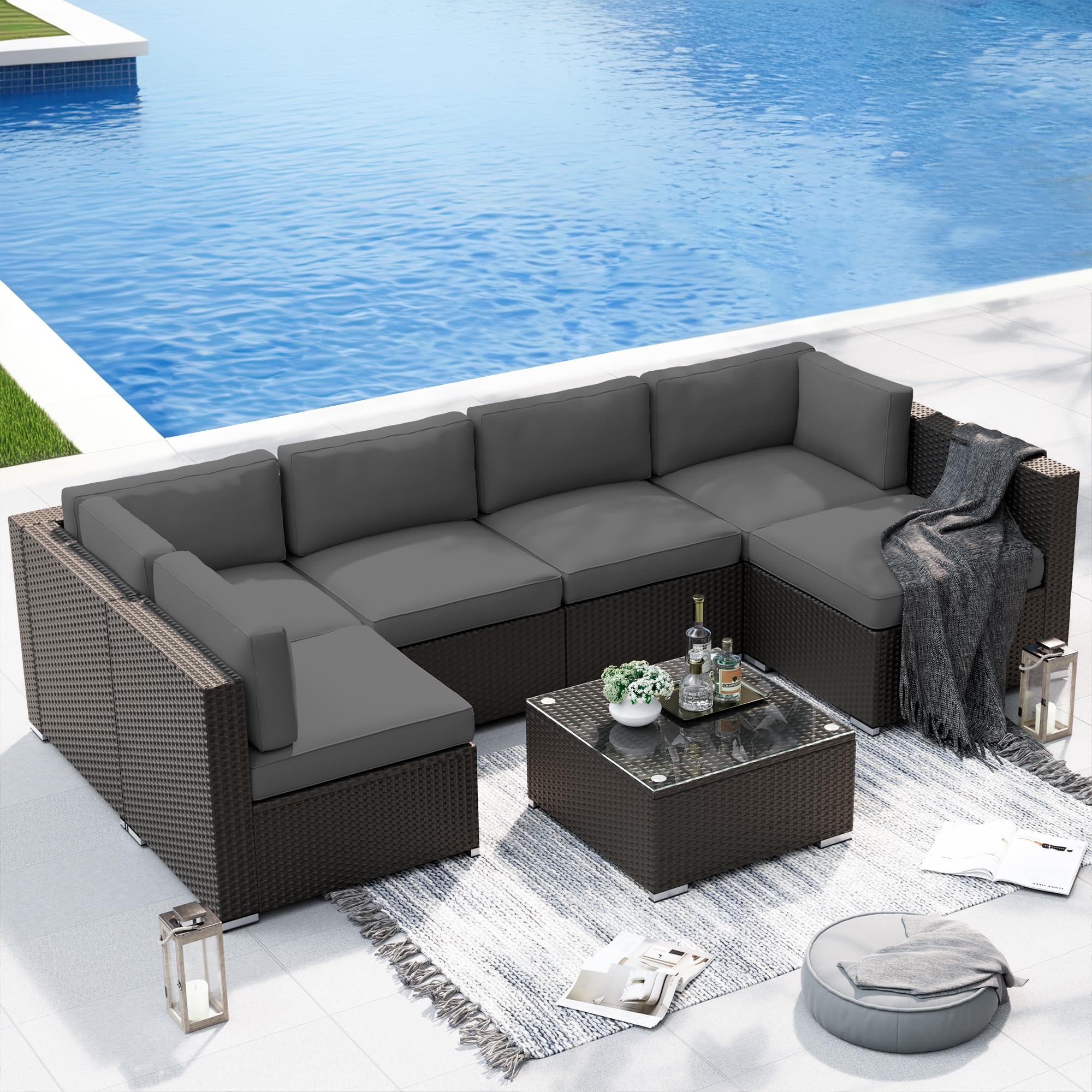 SOLAURA 7-Piece Outdoor Patio Furniture Set - Black Brown Rattan Sectional Sofa with Coffee Table & Gray Cushions - Weather-Resistant Modular Conversation Set for Garden, Poolside, and Backyard Relaxation
