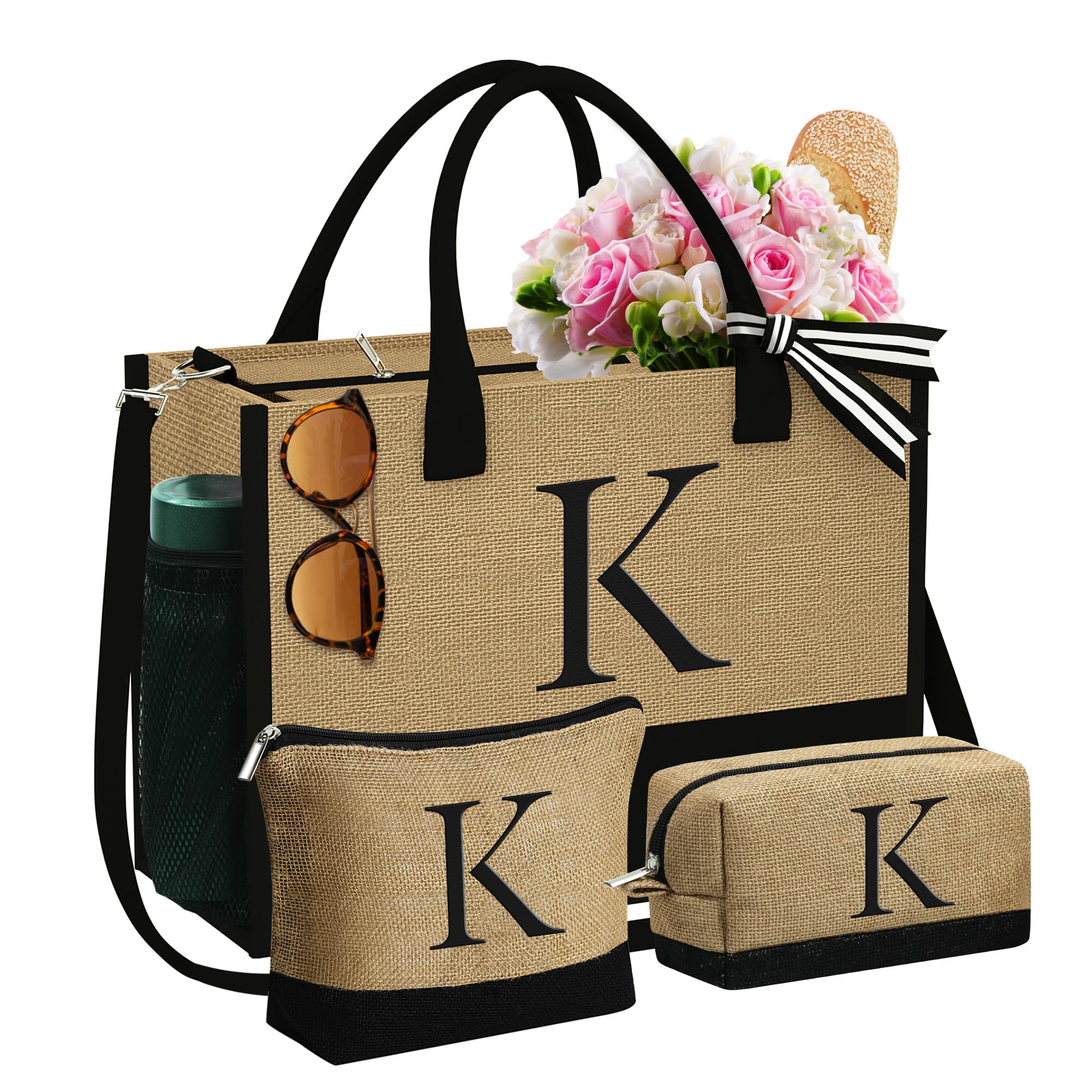 Personalized YOOLIFE Initial Jute Tote Bag with 2 Zippered Makeup Pouches - Custom Monogrammed Gift for Mom, Best Friend, Women | Birthday, Mother's Day, Bridesmaid Present | Eco-Friendly Shopping & Travel Accessory