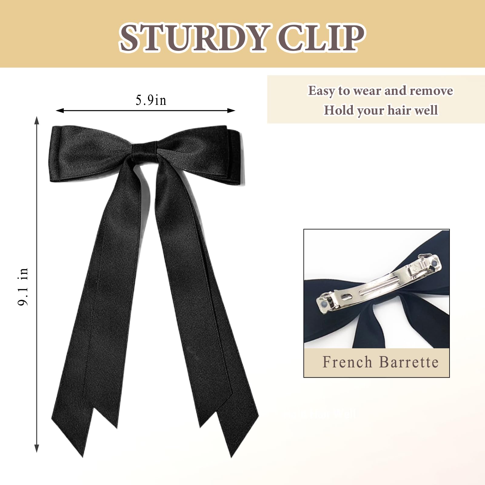 3PCS Elegant Hair Bows Clips for Women & Girls - White, Black & Beige French Barrette Ponytail Ribbon Hair Accessories | Perfect for Weddings, Parties & Daily Styling