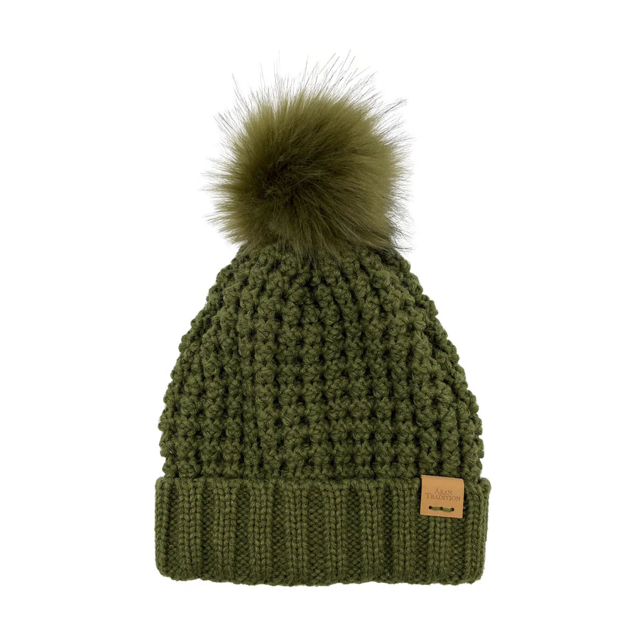 Aran Popcorn Stitch Bobble Hat for Women - Soft Chunky Knit Winter Beanie in Green | Perfect for Cold Weather, Outdoor Activities & Fashion Accessories