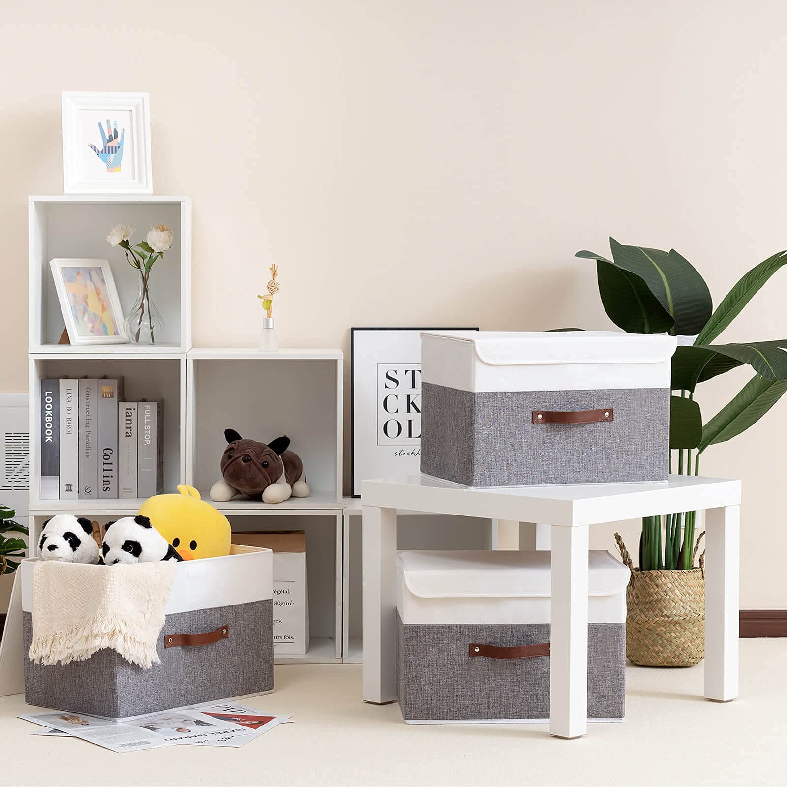 Yawinhe 6-Pack Collapsible Storage Bins with Lids - Foldable Fabric Organizer Baskets for Home, Bedroom, Closet & Office (17.7x11.8x11.8 Inches, White/Grey & Full Grey) | Perfect for Seasonal Storage, Toy Organization & Space Saving
