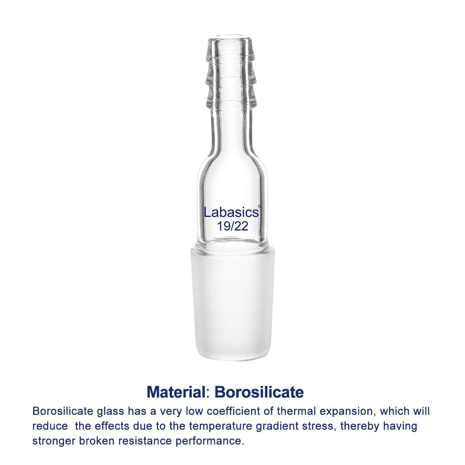 Labasics 19/22 Male Glass Joint Straight Inlet Adapter with 8mm Hose Connection - Scientific Lab Glassware for Distillation, Chemistry Experiments & Laboratory Setups