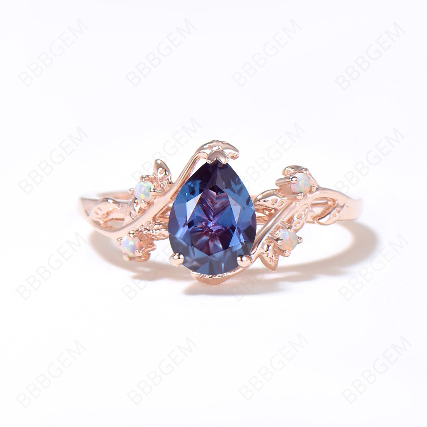 14K Rose Gold Pear Shaped Alexandrite Engagement Ring with Twig Leaf Design & Opal Accents - June Birthstone Jewelry for Proposal, Anniversary & Special Occasions