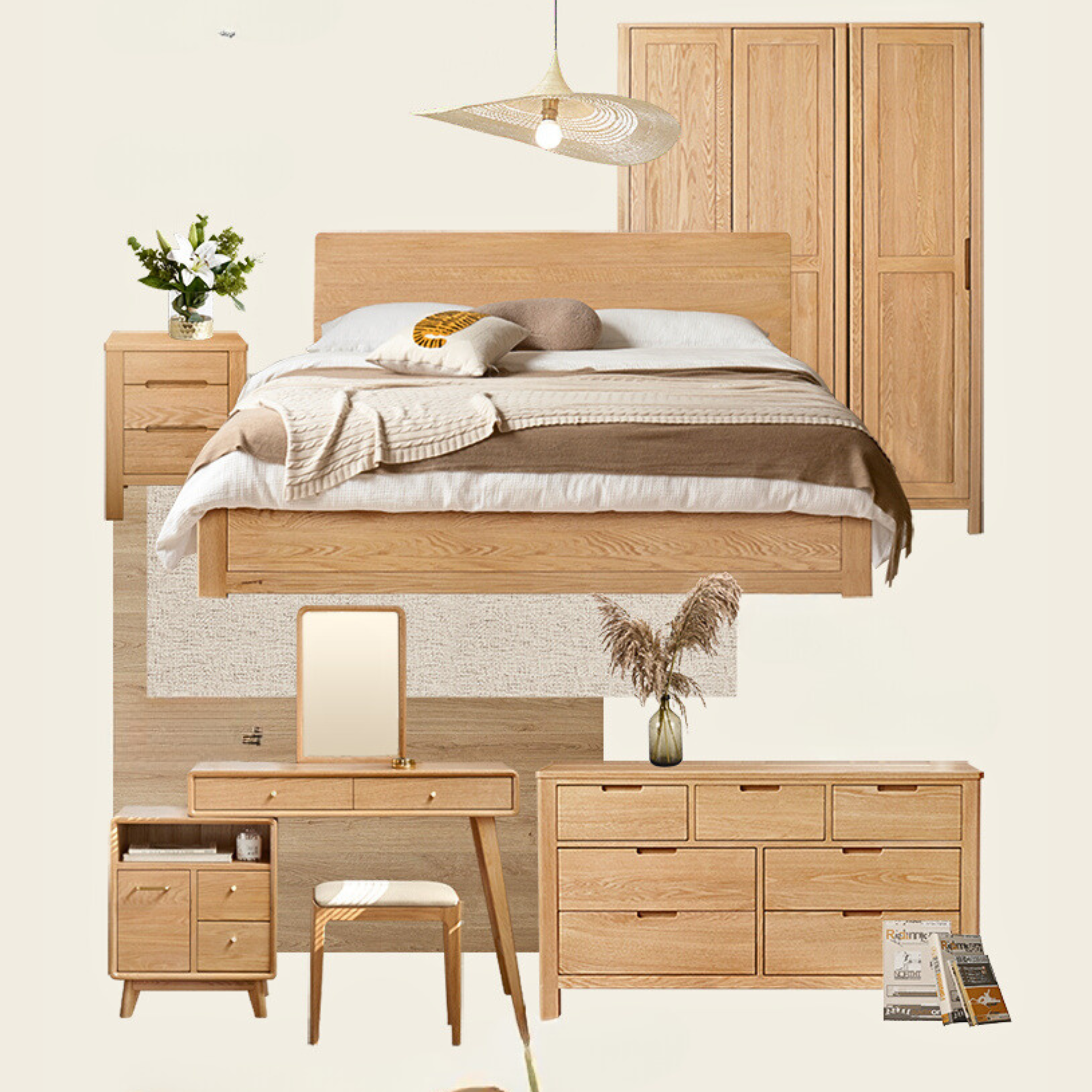Solid Oak Wood Nightstand with 3 Drawers - Bedside Table for Bedroom, Living Room, or Office Storage