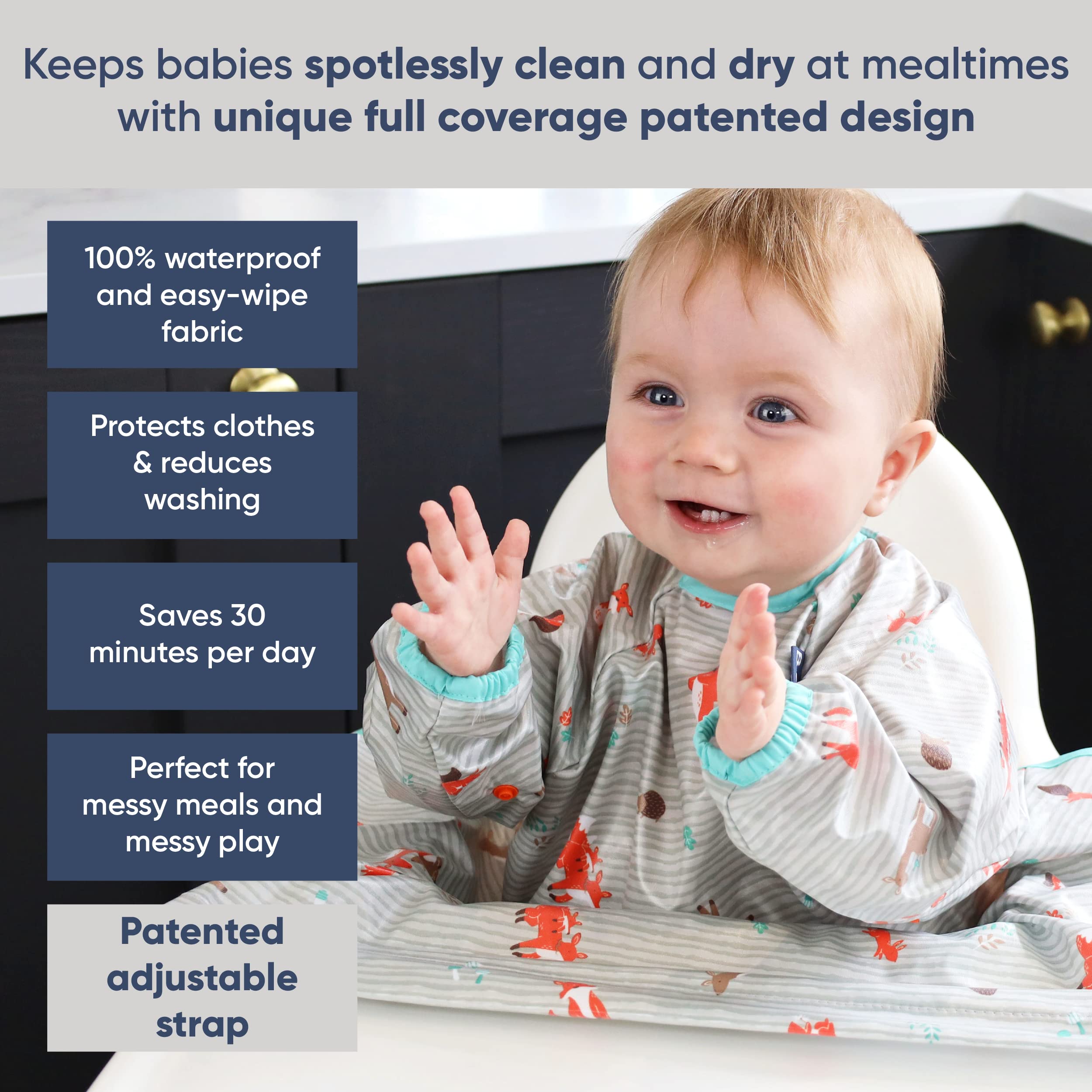 BIBaDO Baby Bibs with Sleeves - Adjustable Long Sleeve Coverall Feeding Bib for Toddlers & Infants | Easy Clean Weaning Bib for High Chair | Perfect for Messy Eating, Painting & Playtime