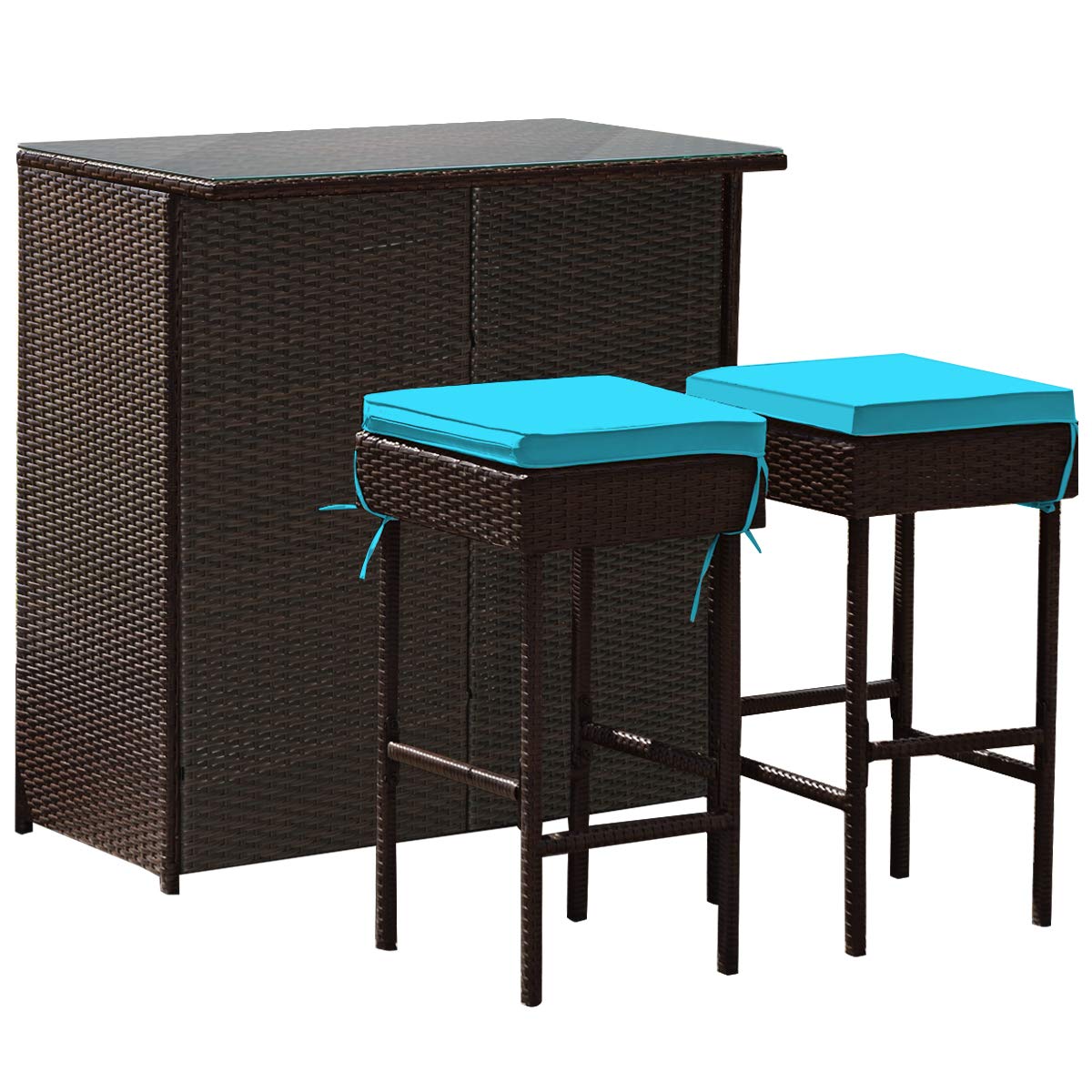 HappyGrill 3-Piece Outdoor Bar Set - Rattan Wicker Bar Stools & Table with Cushions, Glass Table Top & Storage Shelves - Perfect for Poolside, Garden, Patio Dining & Entertaining