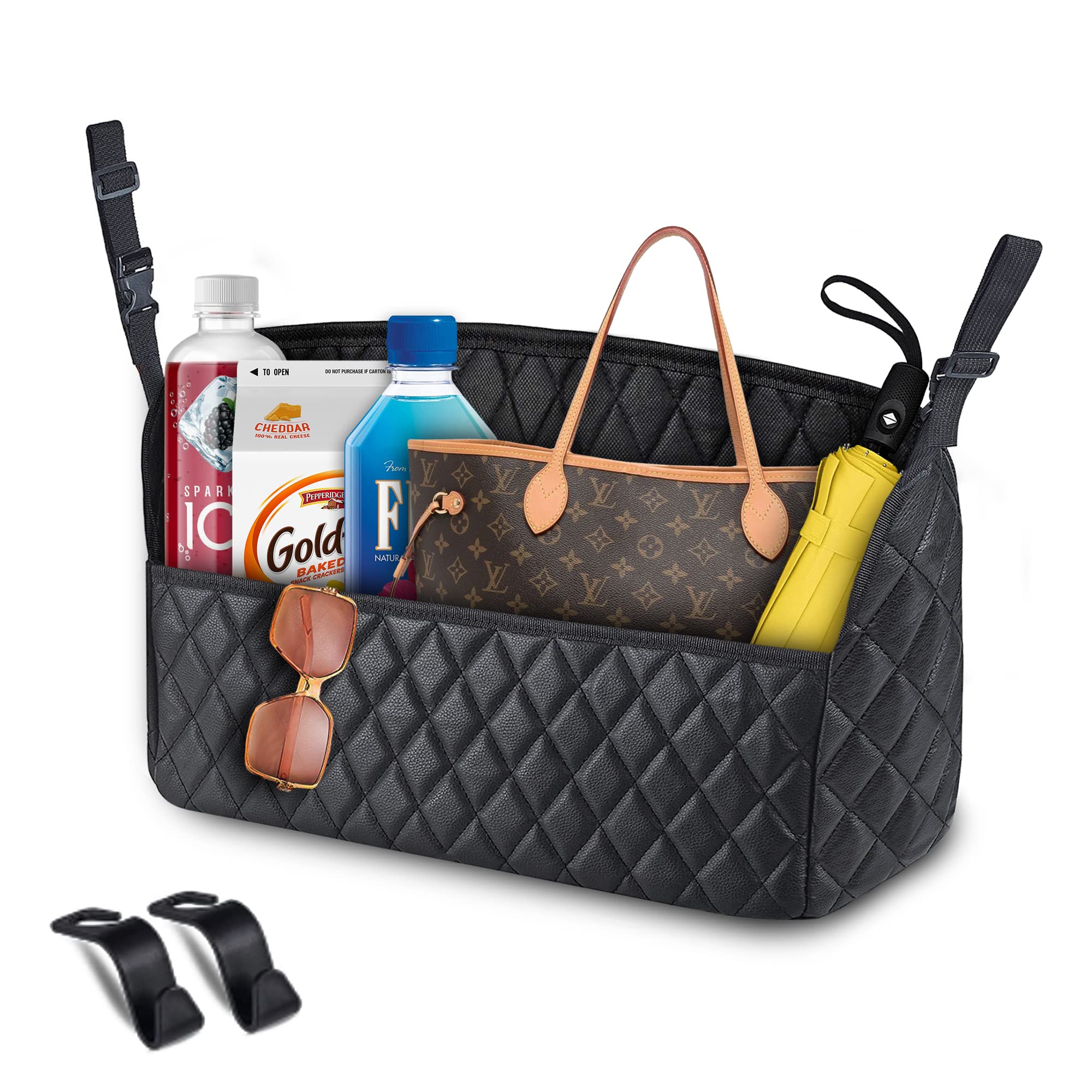 VERRO Car Purse Holder - 2 Hooks, Black, X-Large | Seat Gap Organizer for Handbags & Totes | Perfect for Road Trips, Commuting & Shopping