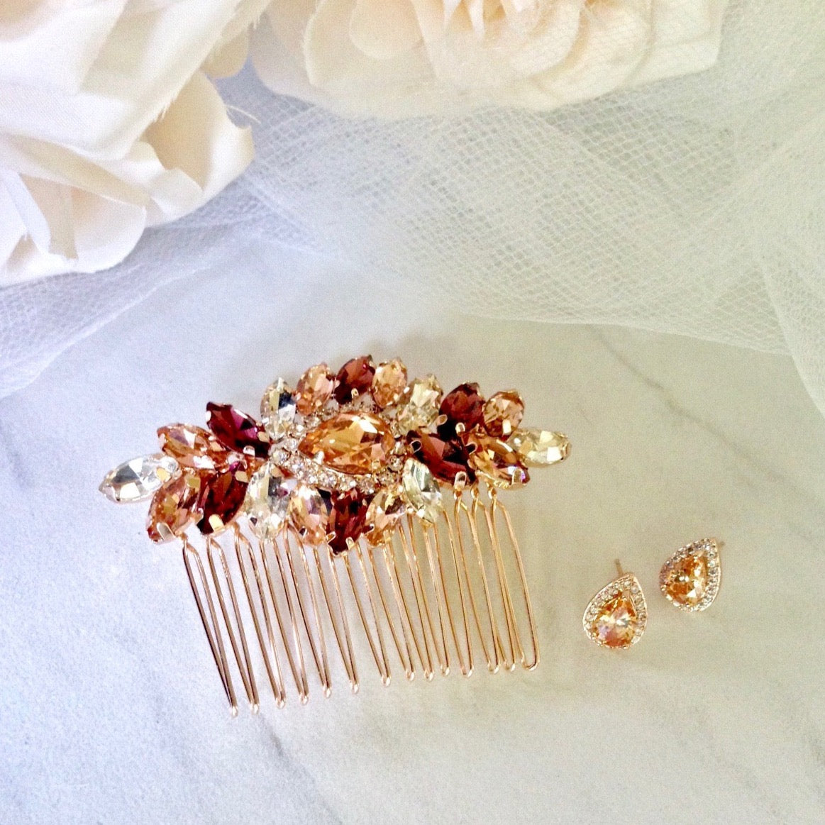 Elegant Rose Gold Bridal Hair Comb Set with Matching Earrings - Perfect for Weddings, Prom & Special Occasions