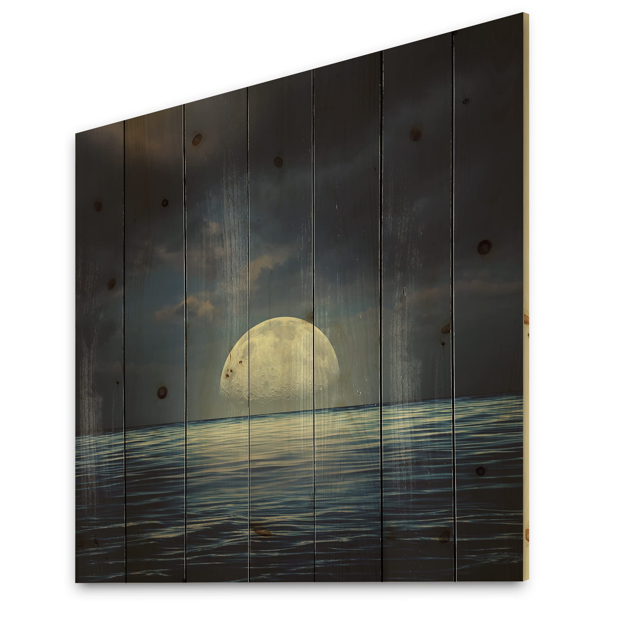 DesignQ Super Moon Over The Sea II Nautical Wood Wall Art - Coastal Home Decor, Blue Landscape Wall Panel Printed on Natural Pine Wood - Perfect for Beach House, Living Room & Office Decor