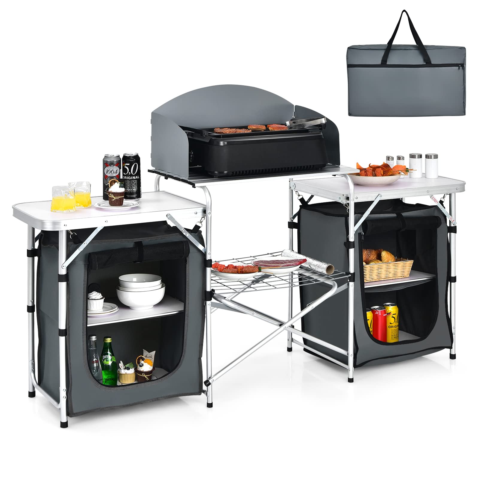 Tangkula 2-Tier Aluminum Folding Camping Table with Windscreen - Portable Outdoor Cooking Station with Storage Shelves & Carry Bag - Perfect for Camping, Picnics, BBQs, Beach Parties & Tailgating